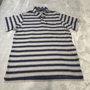 DULUTH TRADING CO Polo Shirt Men's LARGE Blue Red White Striped‎ Relaxed Fit